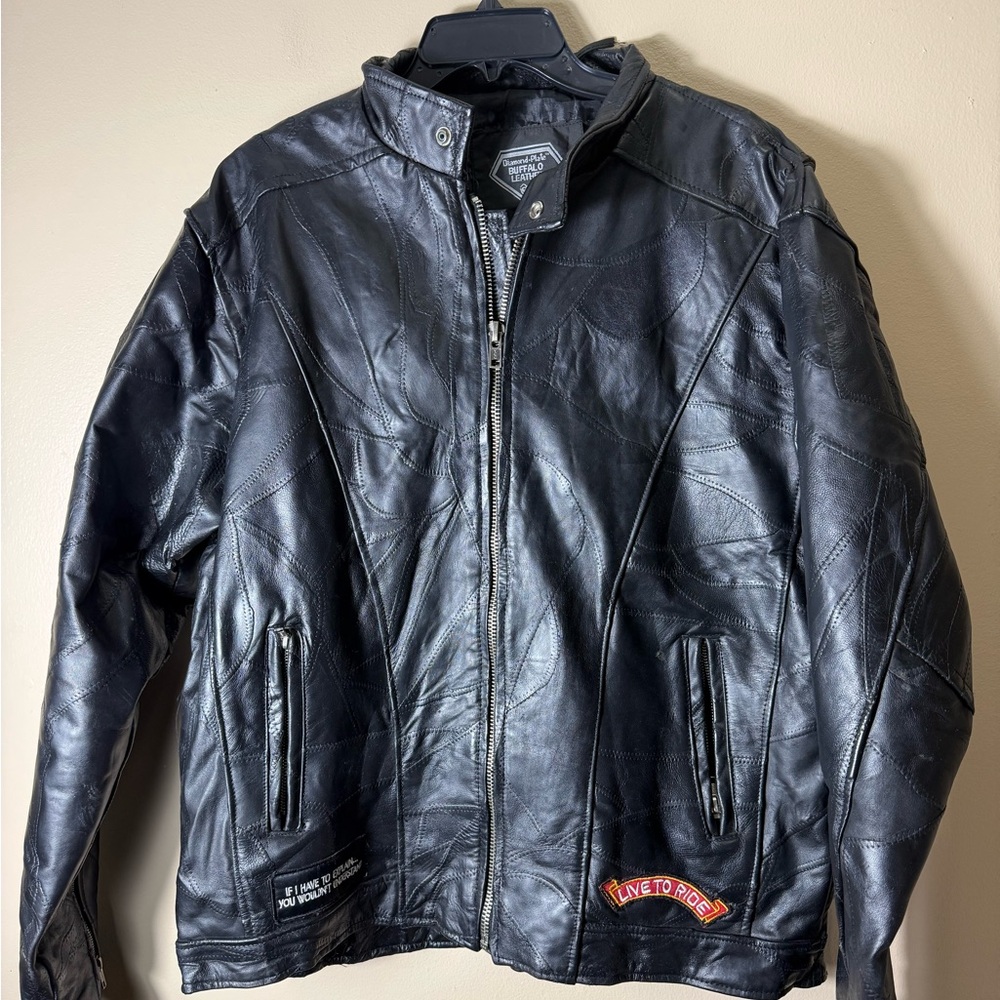 Diamond Plate Buffalo Leather Biker Jacket XL Live To Ride Route 66 Patriotic - Picture 2 of 16